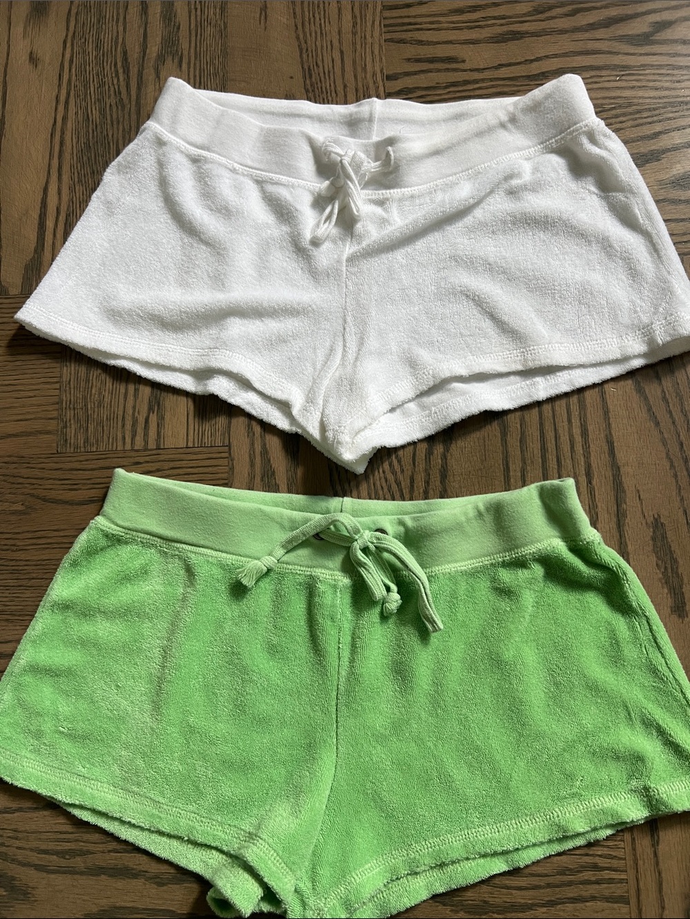 Junior Girls-Terry Knit Drawstring Lounge Shorts - White & Light Green